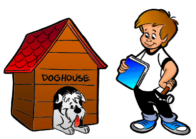 Boy standing near by doghouse