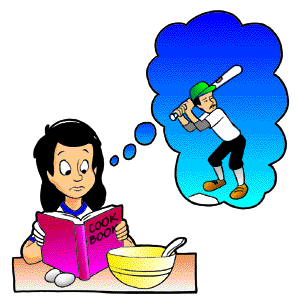 Girl reading about cooking and thinking about baseball