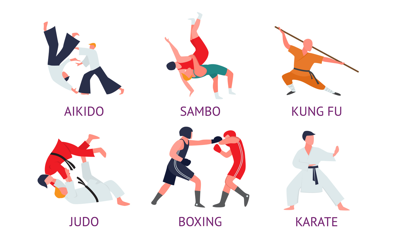 Set of isolated hand drawn men doing different kinds of asian martial arts with titles over white background vector illustration. Martial arts for developing body illustrations concept